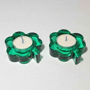 2 Green Glass Shamrock Candle Holders